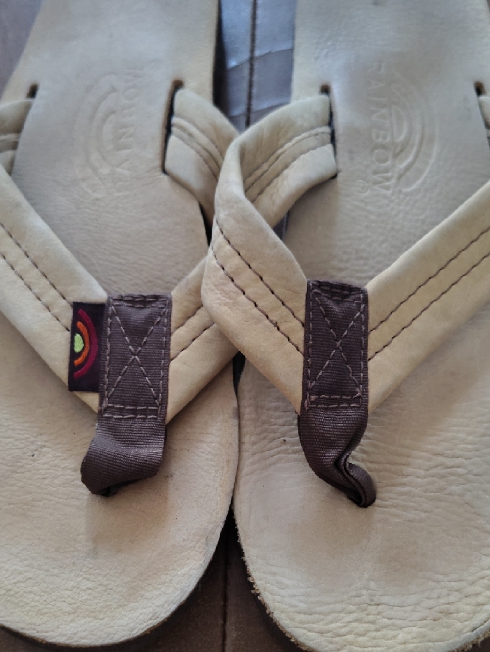 Rainbow Beige Leather Flip Flops with Brown Thong Accents - Picture 2 of 7